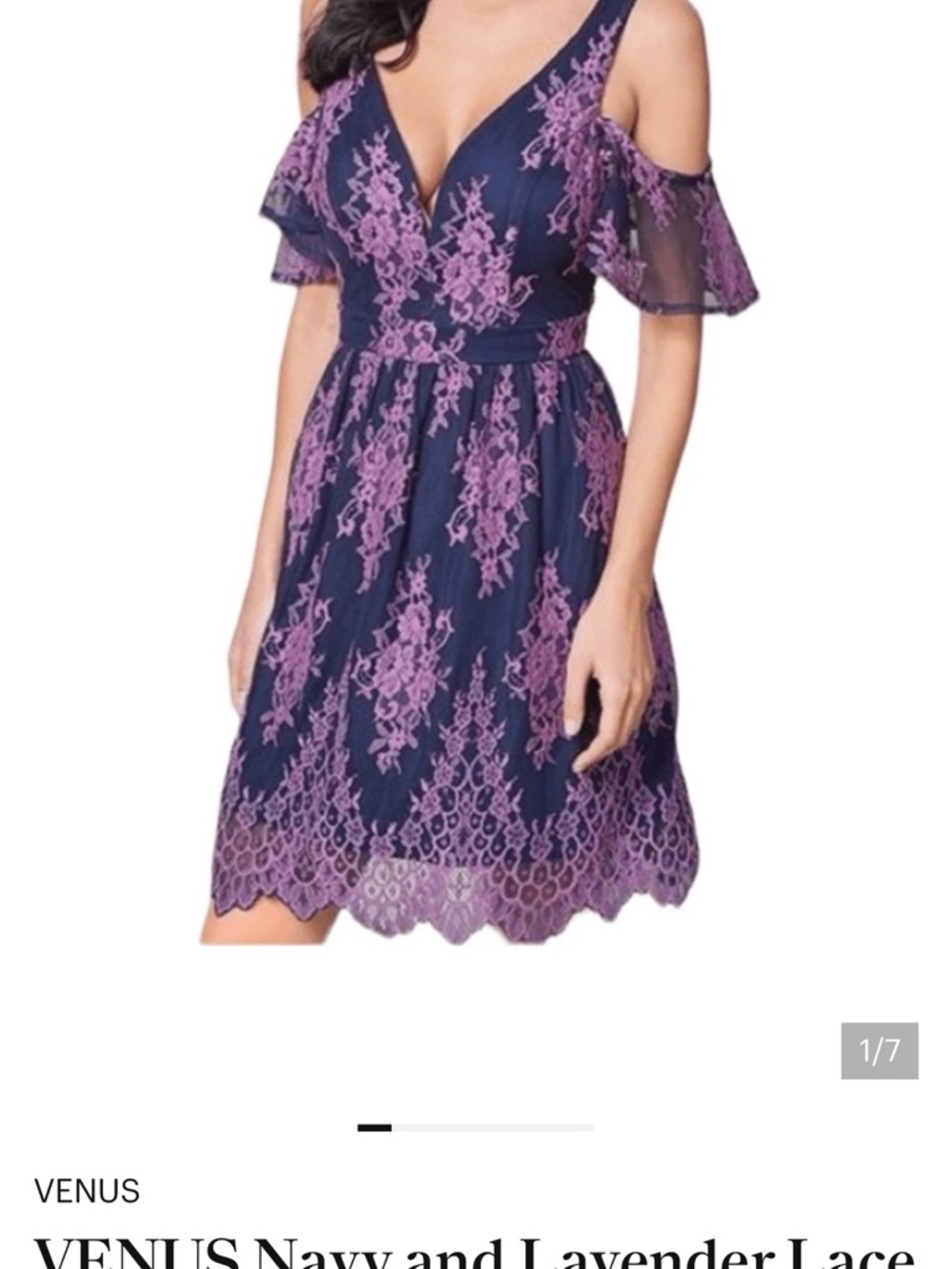 VENUS Navy and Lavender Lace V-Neck Cold-Shoulder Mini Dress